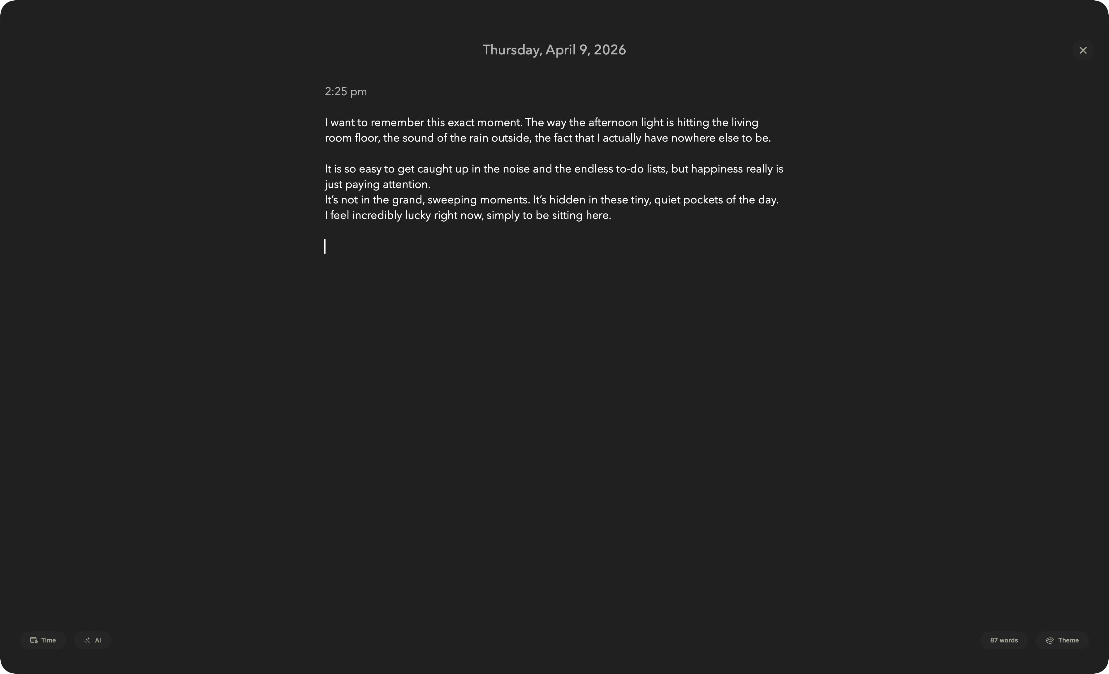 Plume zen mode on MacBook — a single timestamped entry on a calm dark canvas