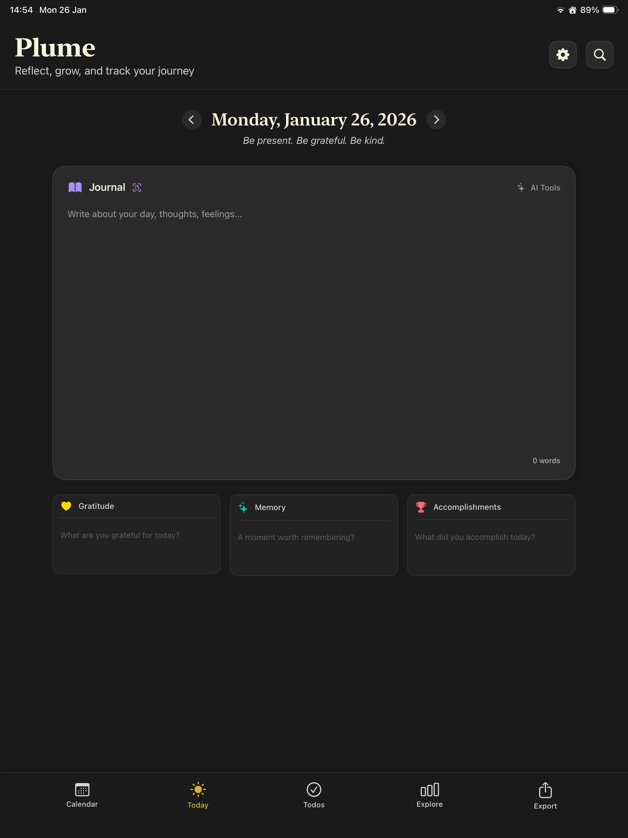 Plume on iPad - Today view